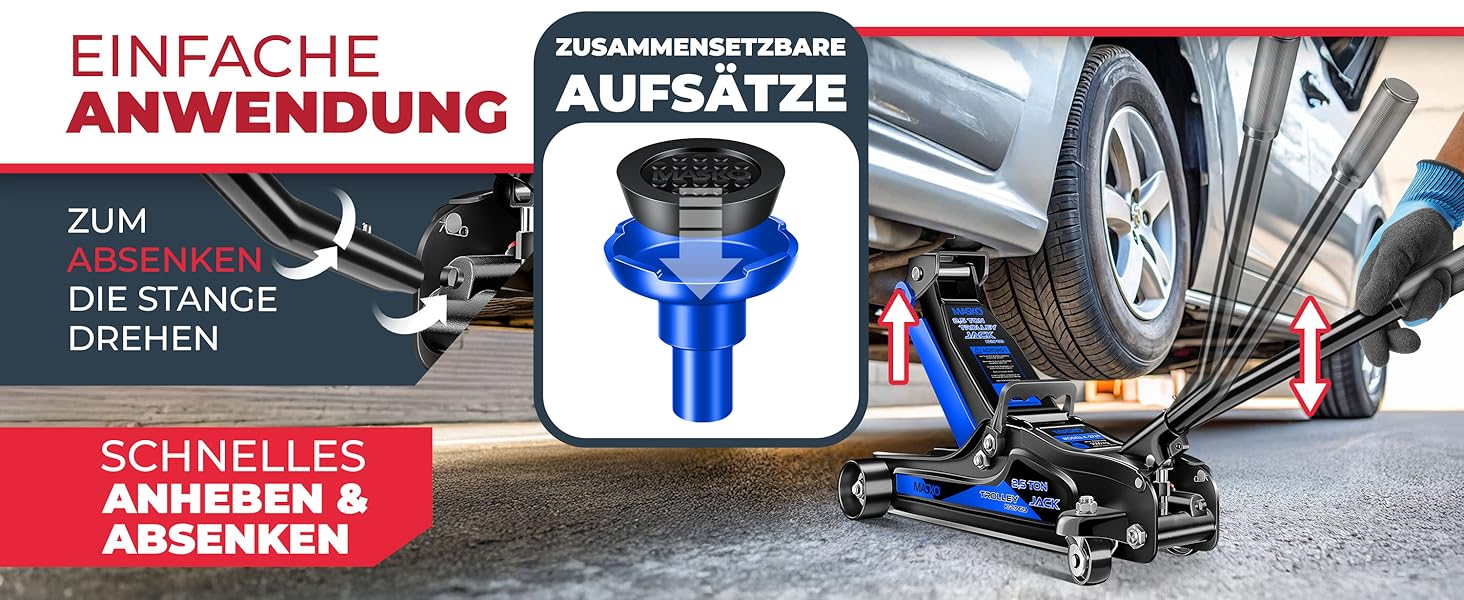 Гідравлічний домкрат MASKO 3T з низьким профілем (85-460 мм) для авто, SUV. З гумовими накладками, роликами 360°, рукавичками. Підставка для ремонту, синій.