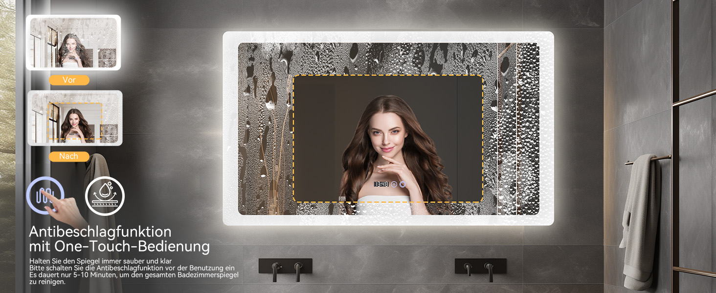 Дзеркало для ванної кімнати YOURLITE з LED-підсвічуванням 100x60 см, сенсорне управління, годинник, антизапотівання, 3 кольори світла, регулювання яскравості, функція пам'яті, білий - 60100