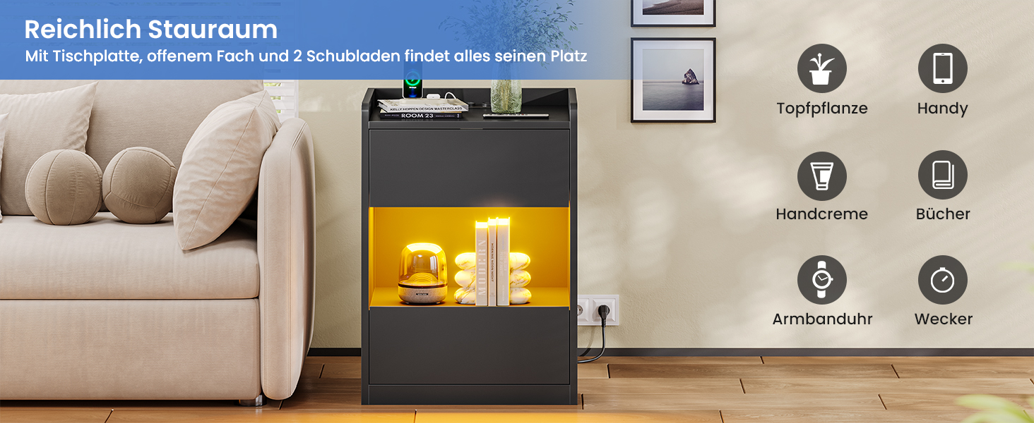 Нічний столик AOGLLATI з LED-підсвічуванням та зарядкою, з шухлядами та полицею, білий (40x35x60 см)