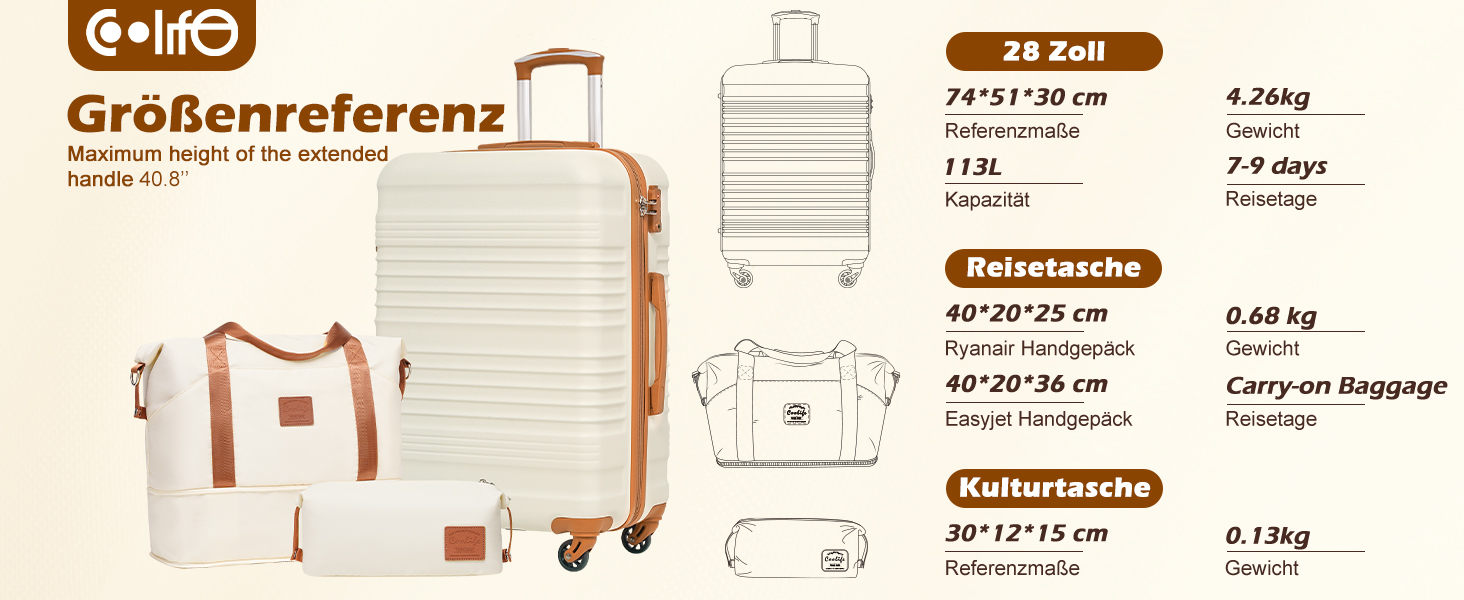 Набір валіз COOLIFE 3 шт: великий дорожній набір 71 см + сумка та косметичка | ABS, 360° колеса, TSA-замок | Ідеально для подорожей, круїзів, навчання за кордоном, сімейного відпочинку | Жовто-чорний колір