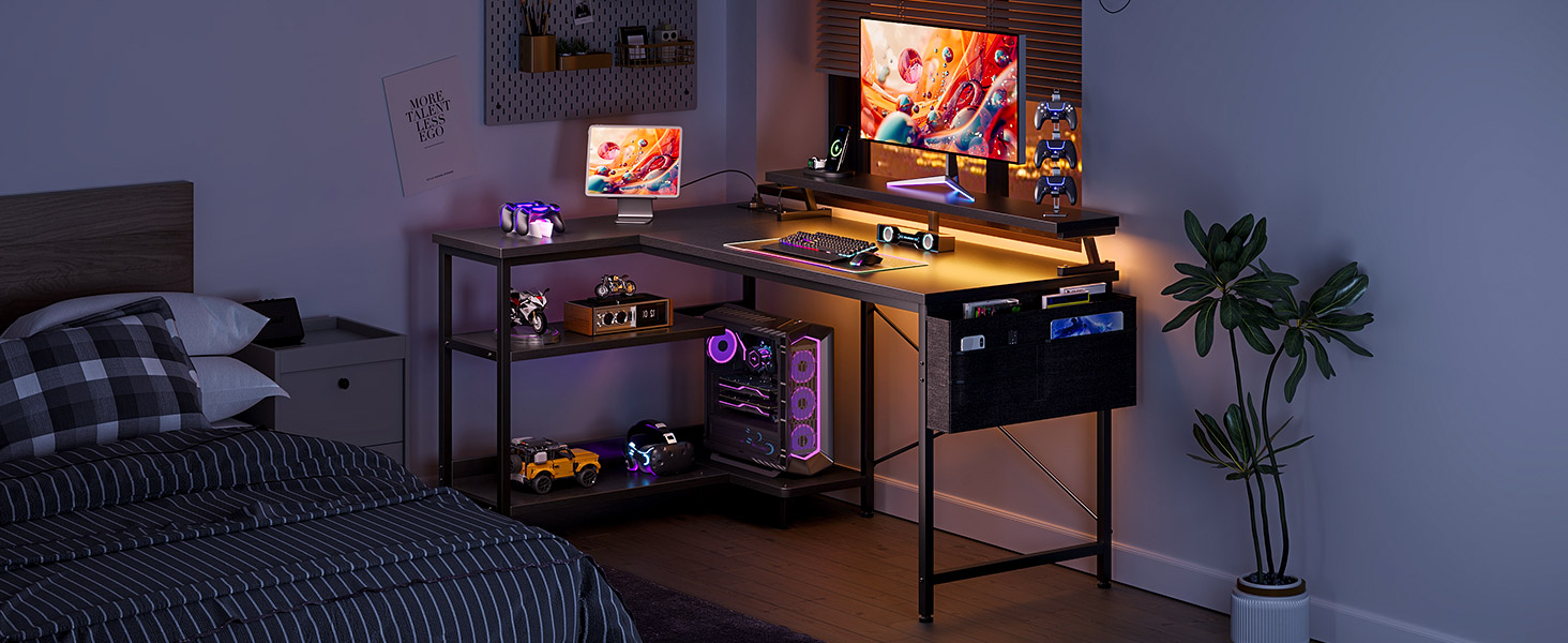 Ігровий кутовий стіл Coleshome з полицями та USB-розетками, 120x80 см, чорний