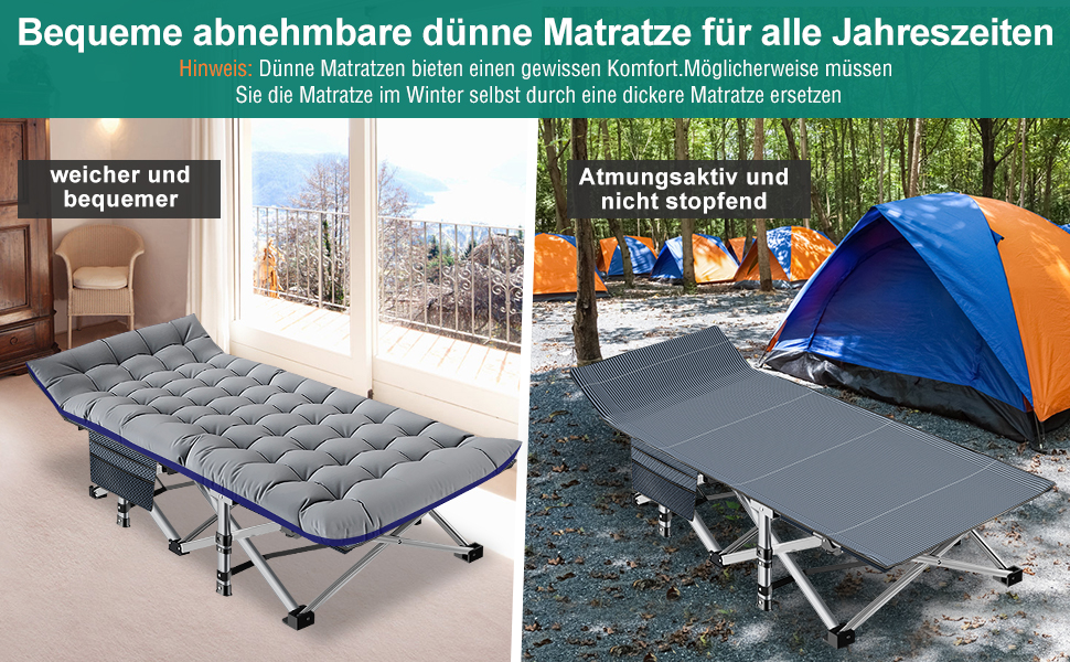 Розкладне кемпінгове ліжко з матрацом та кишенями, сталевий каркас, навантаження до 200 кг, 190x71x36 см, сіре — для кемпінгу, саду та офісу