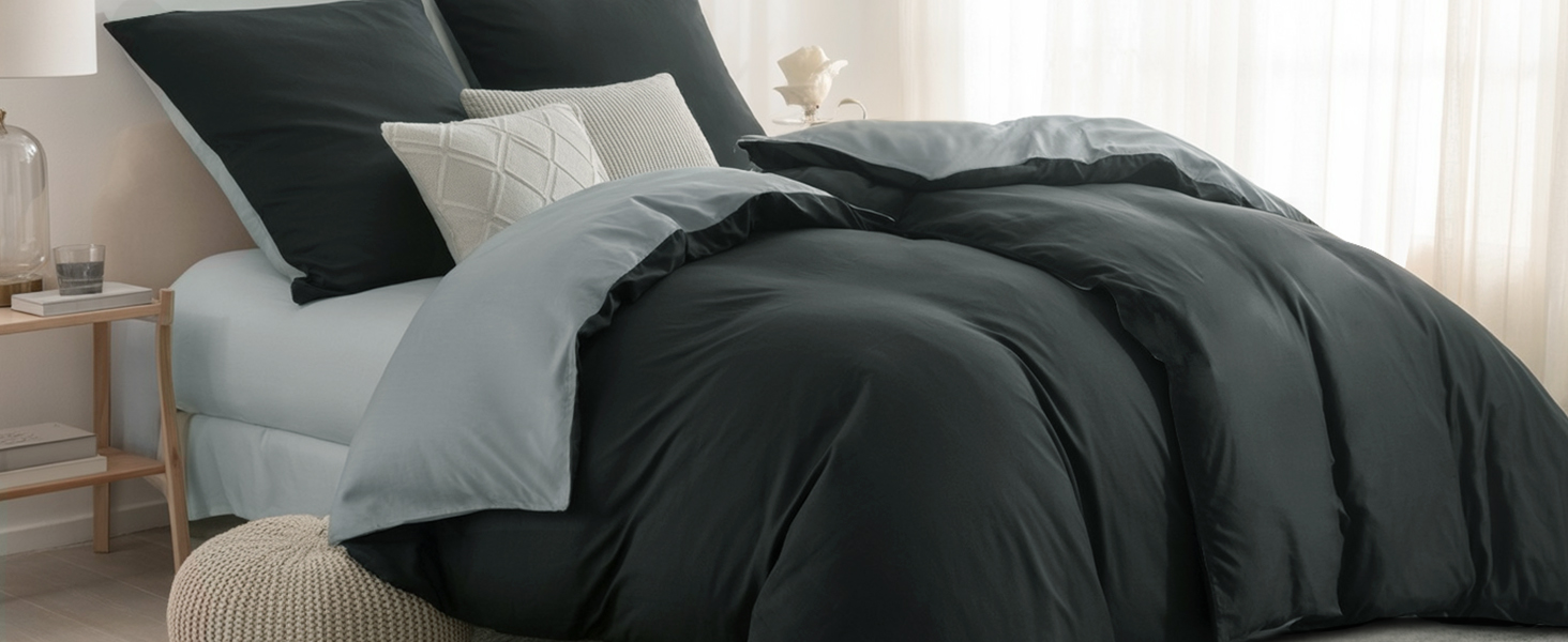 Комплект постільної білизни RUIKASI 135x200 з бавовни (4 частини) - сірий, двоколірний комплект з блискавкою, антрацит та світло-сірий, 135x200 см