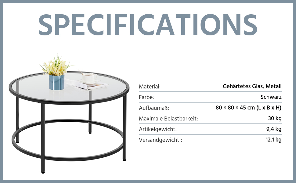 Журнальний столик Yaheetech Круглий журнальний столик з регульованими захисними ніжками Журнальний столик Стіл для вітальні в каркасі із загартованого скла та металу Сучасний скляний стіл для вітальні/балкона, 80 80 45 см Чорний