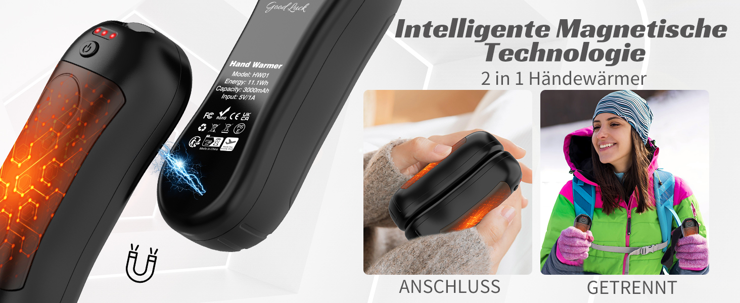 Електричний грілка для рук FANDLISS 6000 mAh, 2 шт. - багаторазовий, з USB зарядкою, для кемпінгу, на відкритий простір, на подарунок, чорний