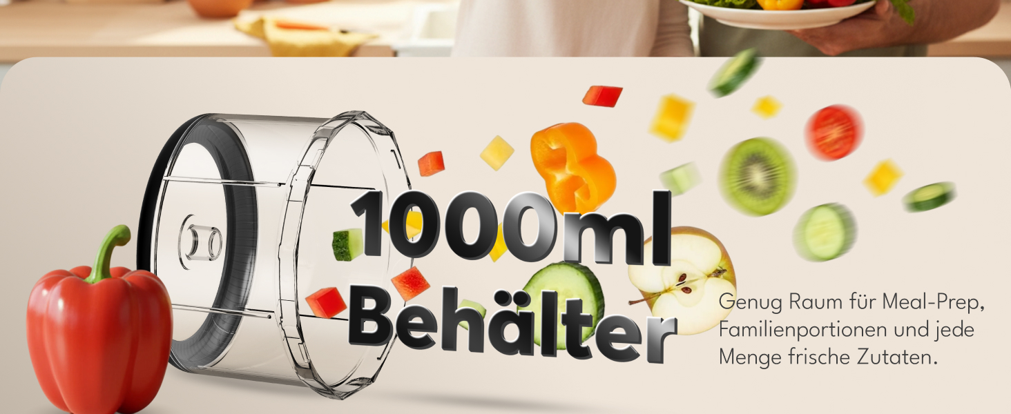 Ручний подрібнювач овочів та цибулі LEBENLANG 1л | Без BPA | Чорний | Для цибулі, часнику, овочів | Багатофункціональний кухонний подрібнювач