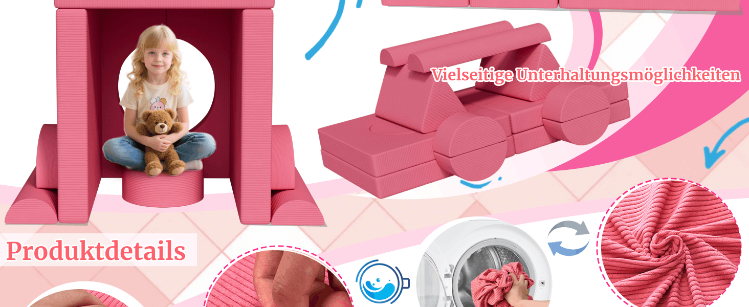 Дитяче ігрове диван-конструктор MAMIZO Cord, 15 частин, рожевий. Модульний диван-конструктор для гри та відпочинку в дитячій кімнаті. Оeko-Tex сертифікат.