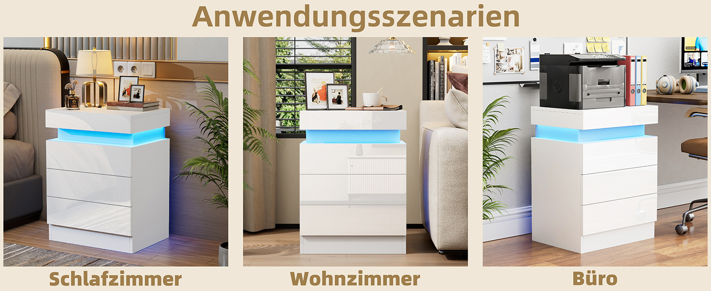 Нічний столик білий з екошкірою, 3 висувні ящики та шафка з відкидною кришкою, 45x35x61 см