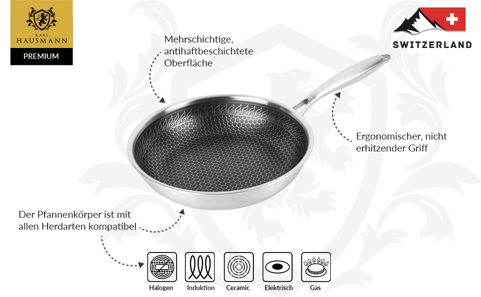Сковорода з нержавіючої сталі Karl Hausmann 24 см - без покриття, для приготування картоплі, м'яса та овочів, сумісна з індукцією, можна мити в посудомийній машині