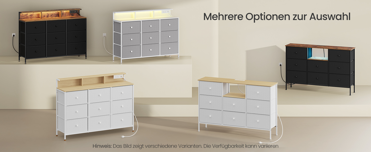 SONGMICS Комод з 9 висувними ящиками та LED-підсвічуванням, з розеткою, сталевий каркас, 33,5 x 114 x 84 см, для спальні/вітальні (Таунгrau)