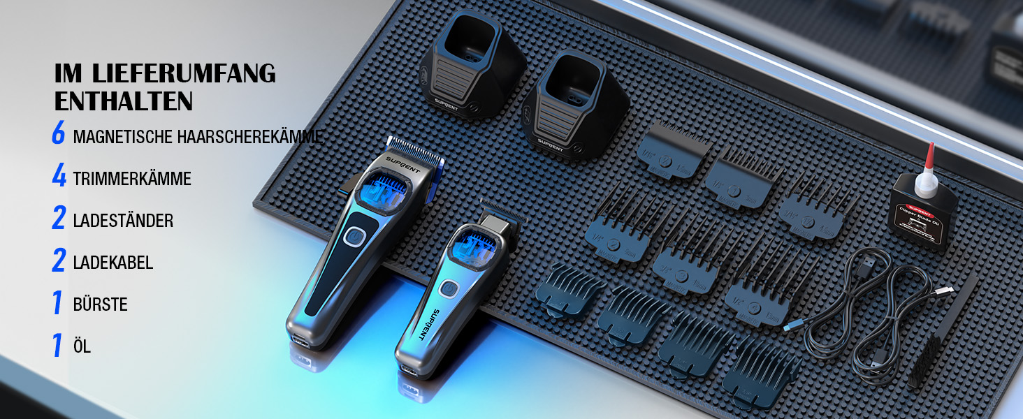 Машинка для стрижки волосся SUPRENT Profi з титановим лезом, Zero-Gap T-Blade, 5 насадок, акумулятор 2500mAh, сірий колір