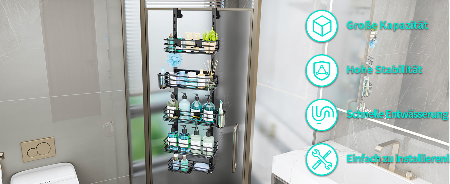 Дзеркальна поличка для душу HapiRm на двері з 22 гачками та тримачами для зубних щіток - 5 ярусів (Чорний)