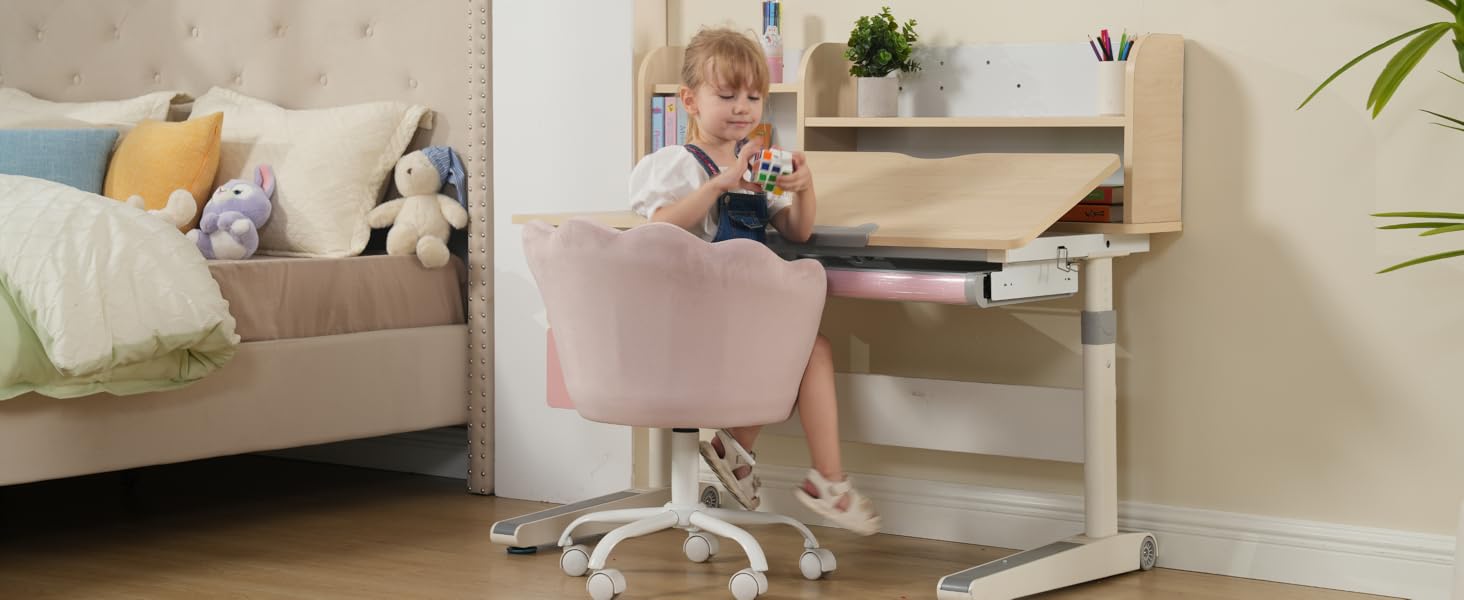 Дитячий стіл-крісло регульоване, поворотне, з м'якою оббивкою з велюру, квітка, зручне офісне крісло для дівчаток, рожеве