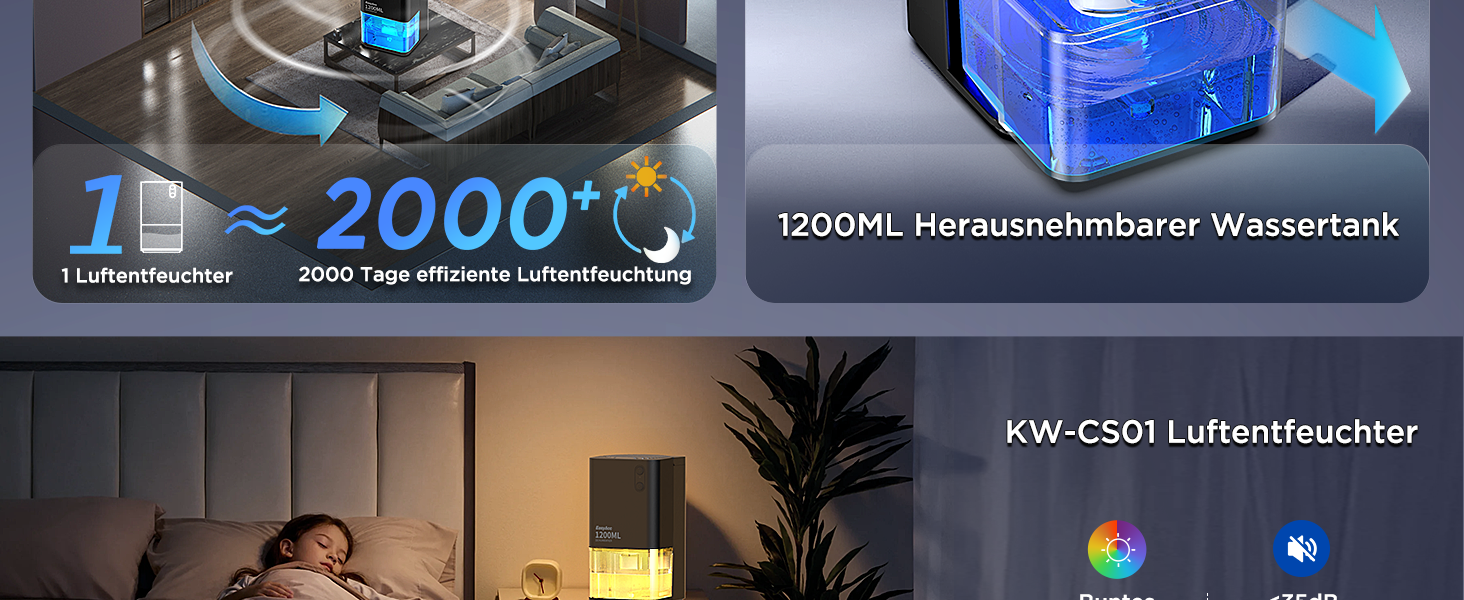 EasyAcc Електричний осушувач повітря 1200 мл, компактний, тихий, портативний, з автовимкненням та режимом сну. Ідеально для офісу та дому. Чорний колір.