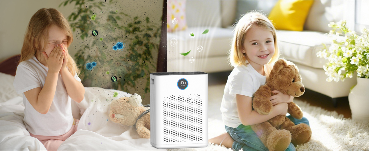 Повітряочисник з керуванням через додаток, HEPA фільтр H14, фільтр з активованим вугіллям, розумний дім, сумісний з Alexa, для великих приміщень (KJ3-7, 2x HEPA фільтри)