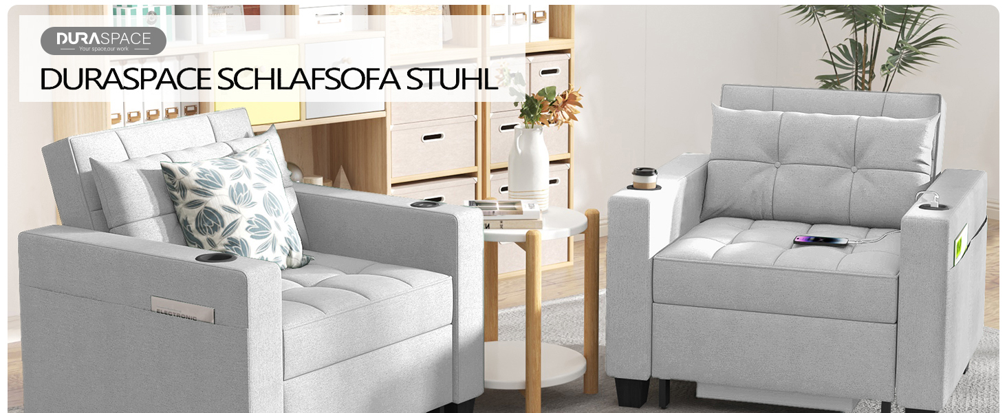 DURASPACE розкладне крісло-ліжко 3-в-1, 99 см, із USB, кишенею, підстаканником, для малих приміщень, зелений/світло-сірий