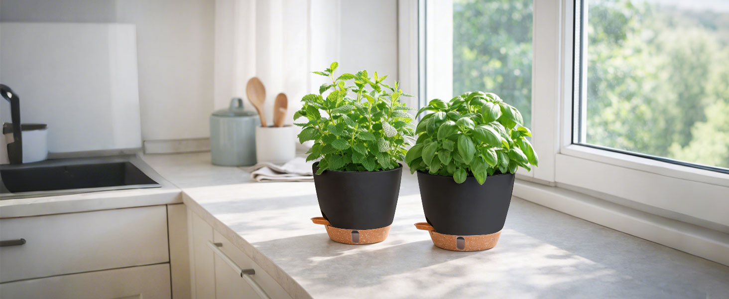 Набір 4 самополивні горщики T4U 15 см з індикатором рівня води, для дому та саду, чорний