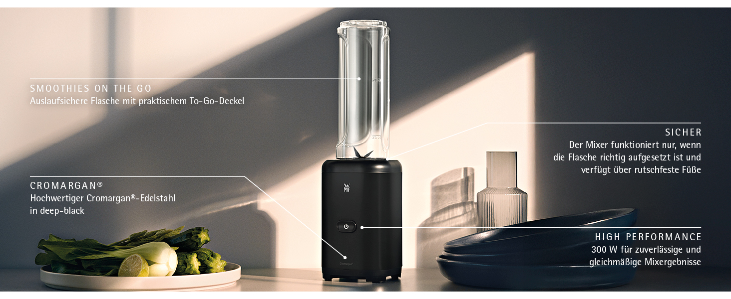 Блендер WMF Kult X Mix & Go Mini - портативний шейкер, 300 Вт, Tritan, 600 мл, срібно-чорний