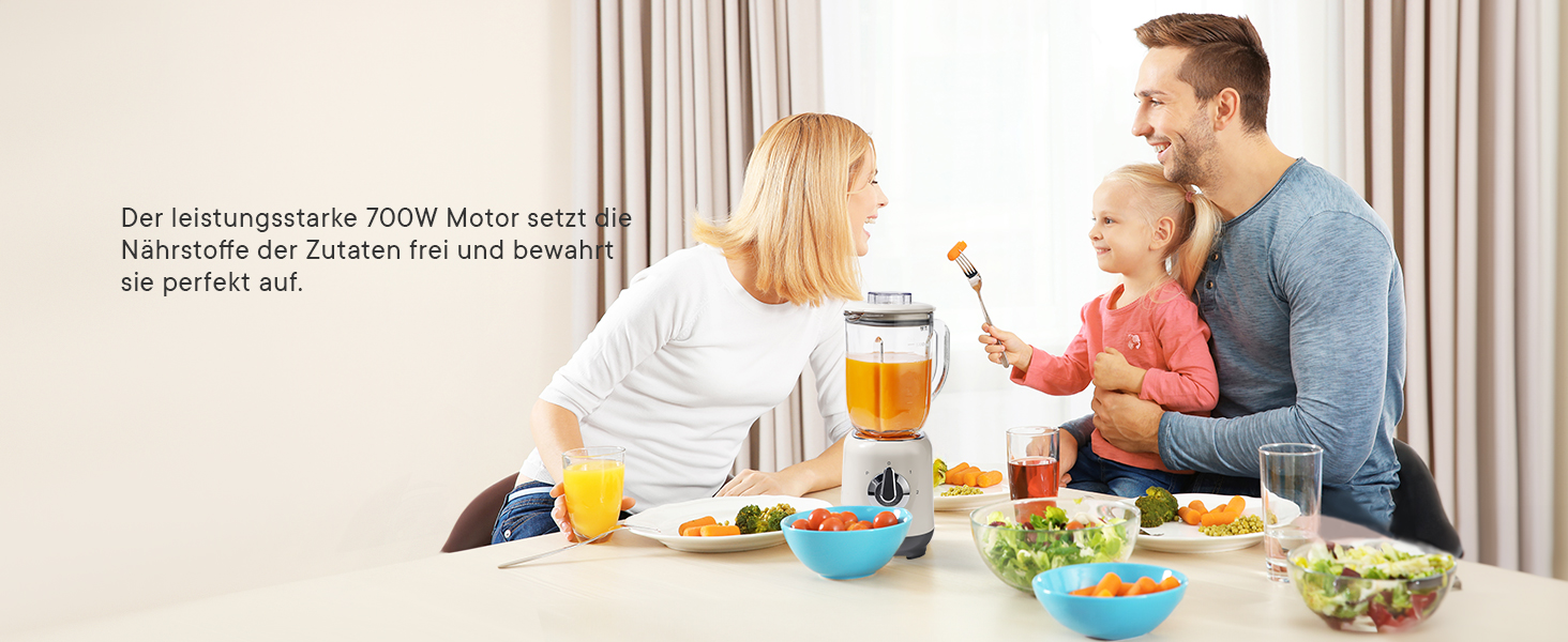 Шардор Стаціонарний міксер, блендер для смузі з 6 лезами з нержавіючої сталі, 2 швидкості та функція P-Turbo, 700 Вт, 1,25 л скляний глечик