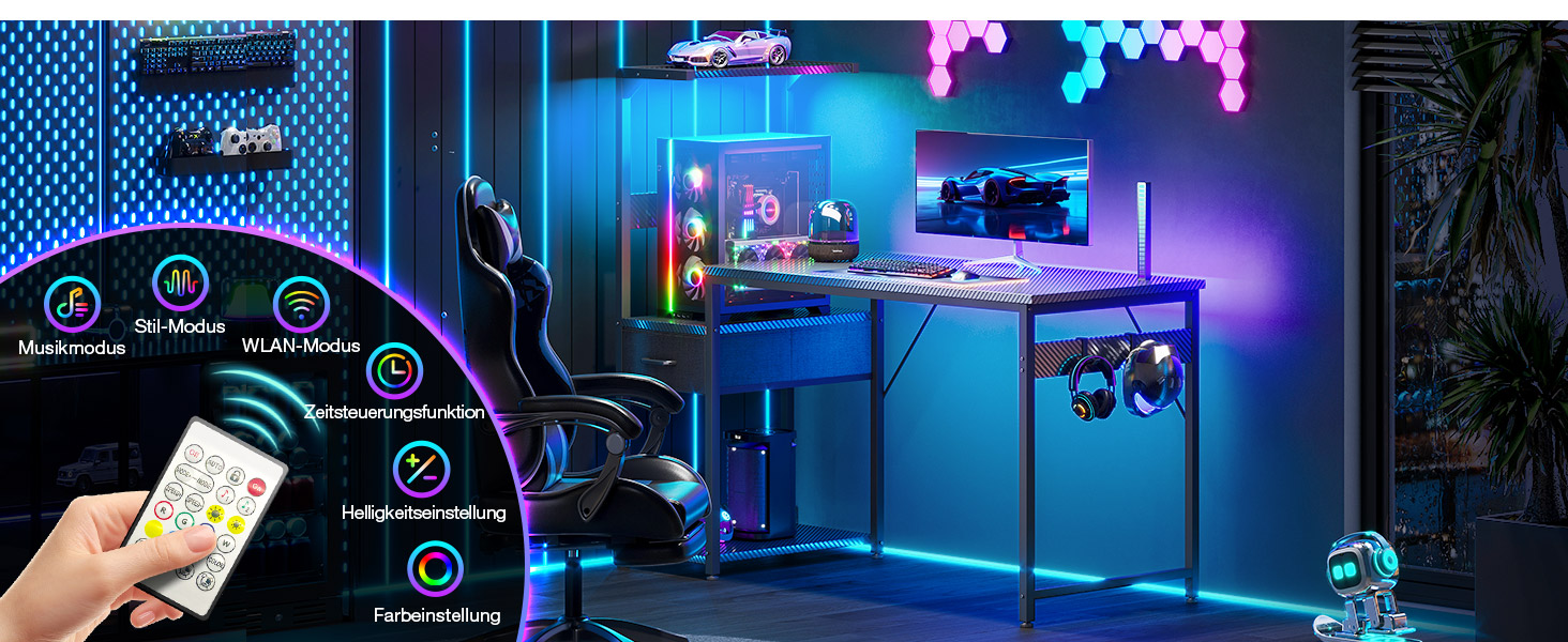 Ігровий стіл Coleshome з LED-підсвічуванням 120x48 см, з шухлядами та полицею, з підставкою для навушників, карбонове покриття чорного кольору