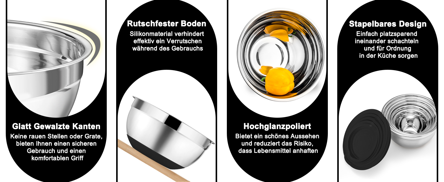 Набір мисок Onader з нержавіючої сталі: 5 мисок + 3 терки. Набір мисок для салатів з кришками, 5 шт. (0,7-4 л), чорний