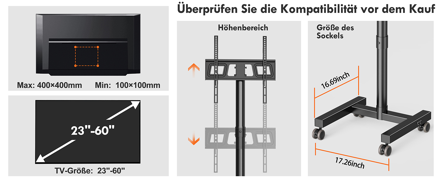 Мобільний підставка для телевізора на колесах FORGING MOUNT, 23-60 дюймів, регулювання висоти та нахилу, VESA 400x400, до 40 кг