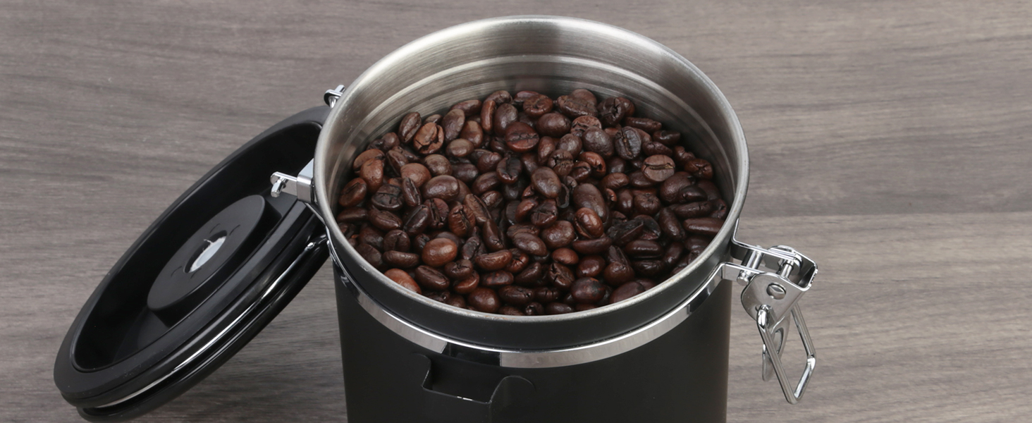 Герметична кавова банка з нержавіючої сталі, 1,8L, з датчиком дати, CO2-вентилем та мірною ложкою, для кави, чаю, горіхів, какао, чорна