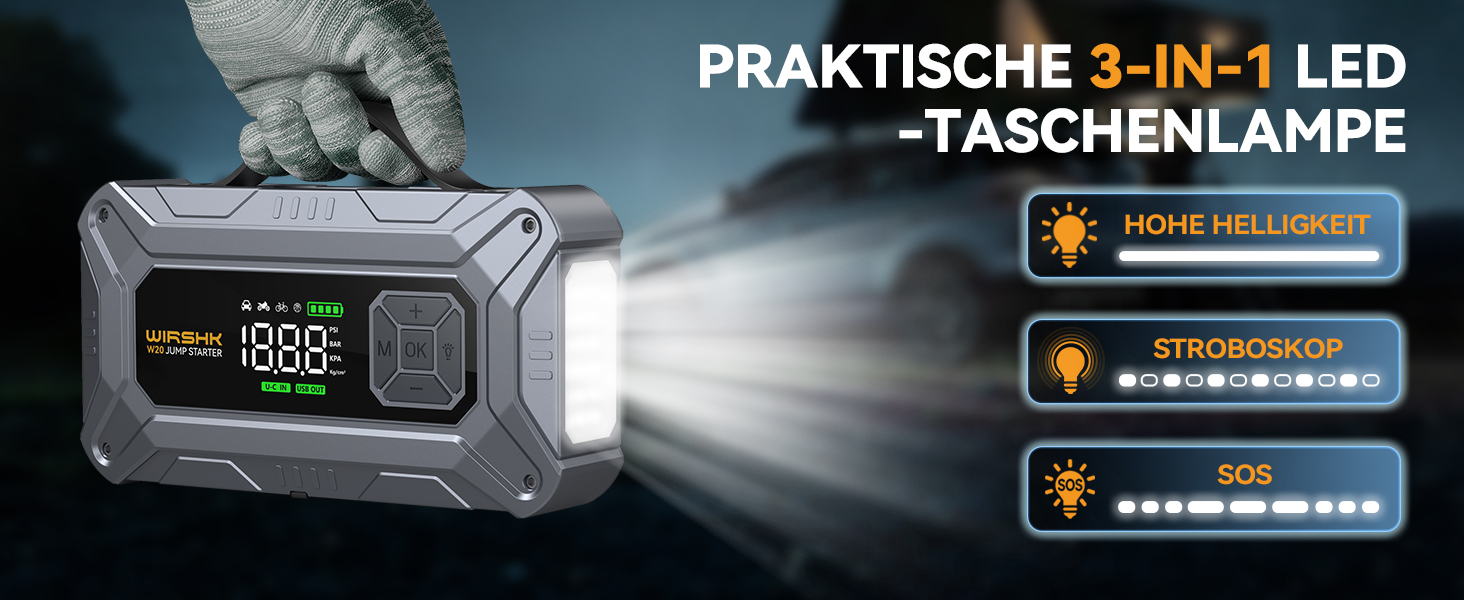 Портативний пусковий пристрій 8000A з повітряним компресором 160 PSI для бензинових та дизельних двигунів (до 10л), з дисплеєм та аварійною світлодіодною лампою