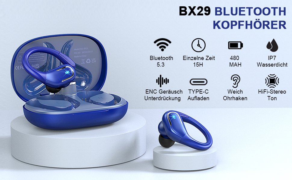 Спортивні навушники Bluetooth 5.3, 3D-стерео, ENC з шумозаглушенням, LED, IP7, USB-C, внутрішньоканальні (сині)