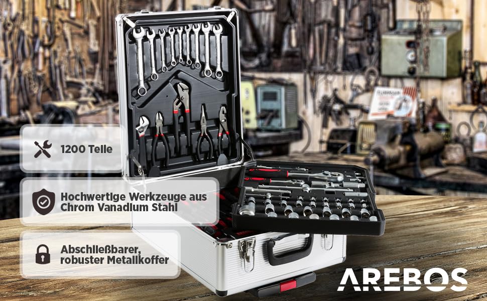 Набір інструментів Arebos 1200 предметів в алюмінієвому кейсі на колесах | Валіза для інструментів з 4 відділеннями та телескопічною ручкою | Майстерня, гараж, дім