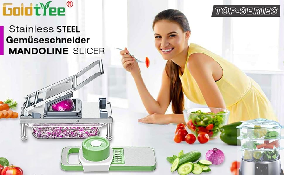 Подрібнювач овочів 8-в-1 з контейнером, набір для нарізки овочів та салатів, з нержавіючої сталі