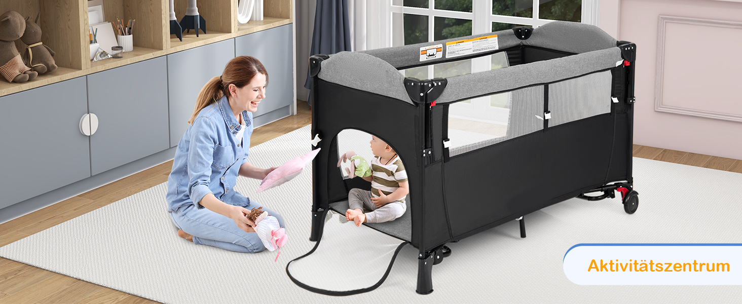 Дитяче ліжко-манеж COSTWAY 120x60 см з матрацом, пеленальним столиком, іграшками та музичною шкатулкою, сірий колір