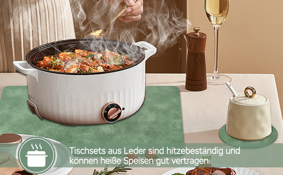 Набори підставки під гаряче та серветки 6 шт. | Коричневе шкіряне покриття з ефектом крави | Стійкі до подряпин, водонепроникні | Для обіднього столу, кухні, квартири | Зелений та сірий набір 6 шт.