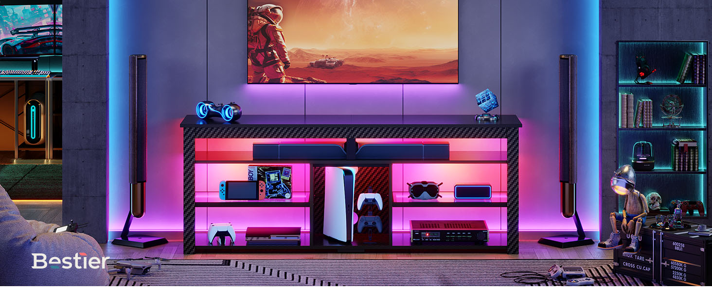 Тумба під телевізор Bestier 70 дюймів з LED-підсвіткою, для PS5, чорний мармур 160x33.8x66.8 см