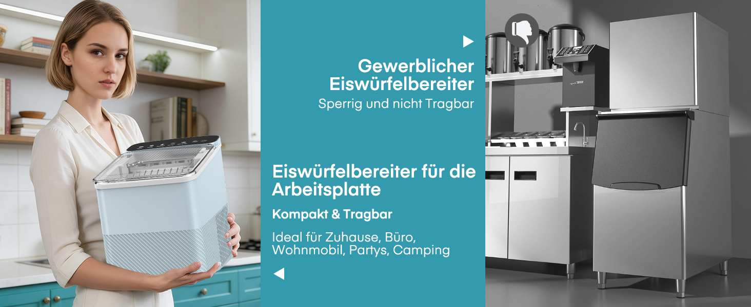 Льодогенератор Fohere портативний самоочисний 14 кг/24год, 2 розміри льоду, блакитний для дому, бару, офісу, кемпінгу зі шкребком та кошиком