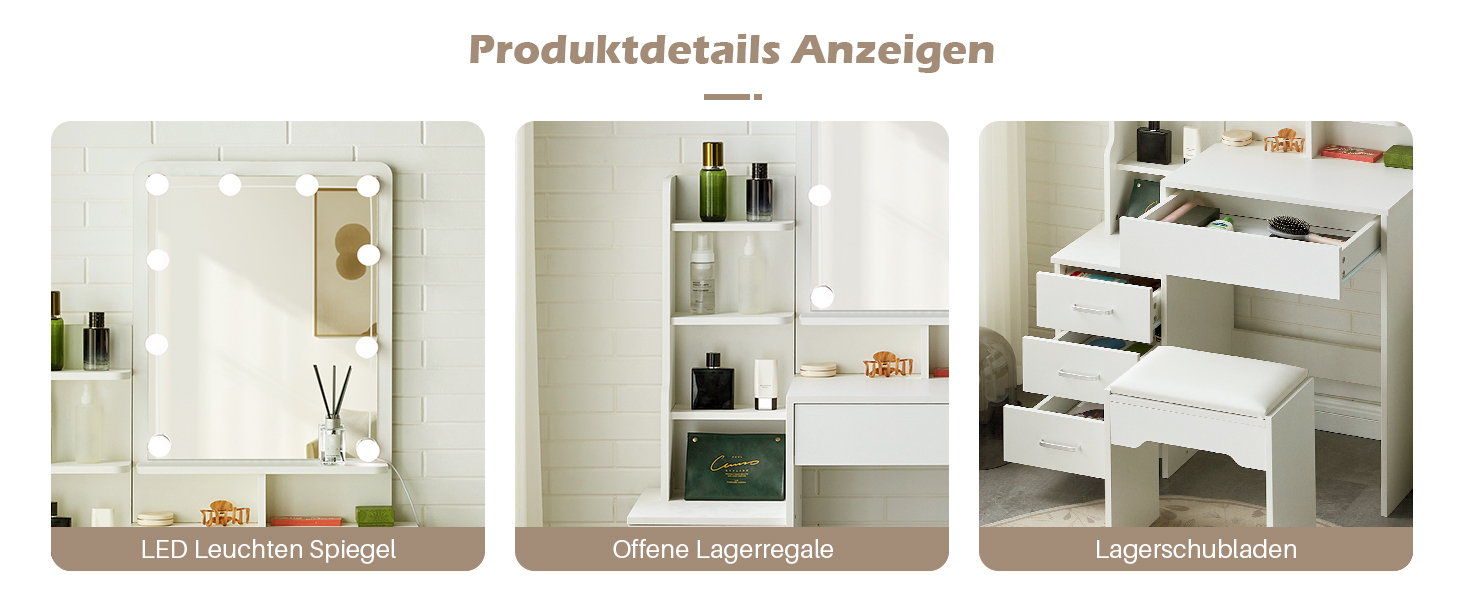 Тюльпанний туалетний столик TUKAILAI з LED-підсвічуванням та пуфом, дзеркало з 3 кольорами, компактний столик для макіяжу з шухлядою та відкритими полицями, 87x40x149 см