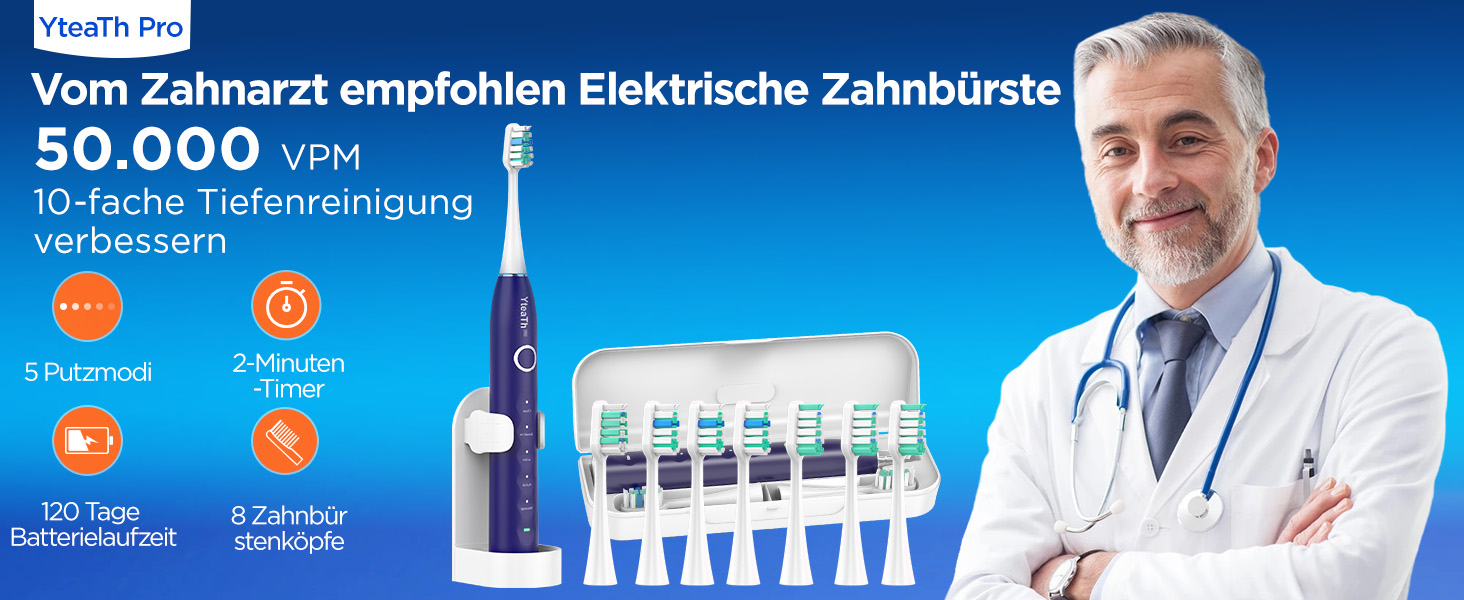 Електрична зубна щітка зі звуковими вібраціями, 8 насадок (3 типи), таймер, 120 днів роботи від акумулятора, 5 режимів чищення, чохол для подорожей, зарядний пристрій, що кріпиться до стіни (фіолетовий)