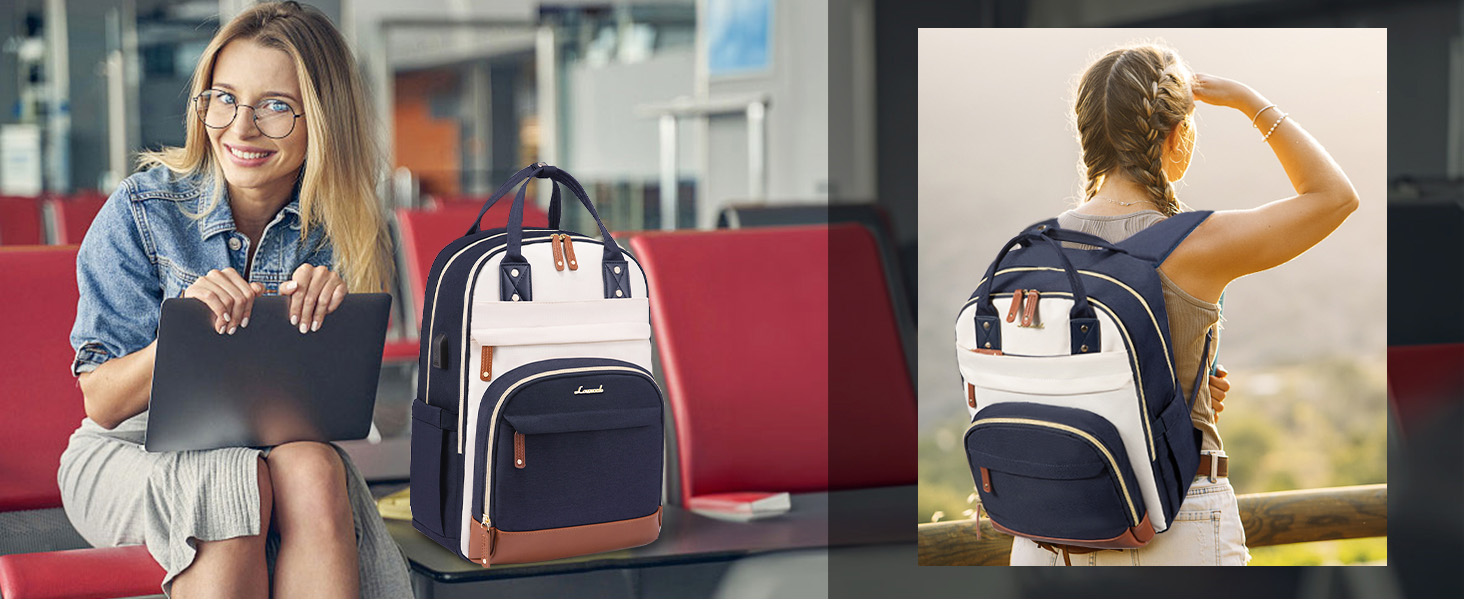 LOVEVOOK Рюкзак для жінок з відділенням для ноутбука 15.6 дюймів, шкільний рюкзак для дівчаток та підлітків, водонепроникний, анти-крадіжка, для школи, подорожей, роботи, легкий, з PU-матеріалу, кольори: бежевий, темно-синій, коричневий