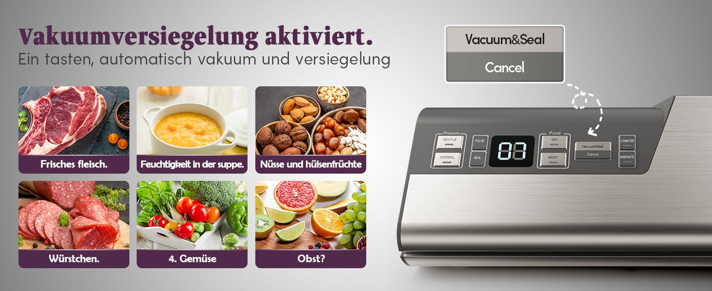 Вакууматор Mesliese для продуктів, 140 Вт, 95 кПа, з подвійним швом, вбудованим різаком та відсіком для рулонів, сірий