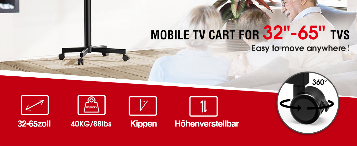 Підставка для телевізора на колесах для 32-65 дюймів, чорна, до 40 кг, VESA 400x400 мм