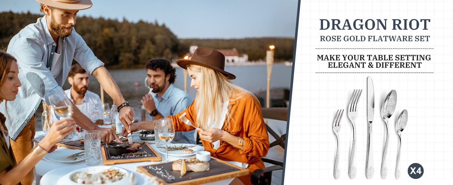 Набір столових приборів DRAGON RIOT Gold 30 предметів: нержавіюча сталь, для 6 осіб, з ножем, виделкою, ложкою. Підходить для дому, ресторану, вечірки. Колір: золотий (20 предметів сріблястого кольору).