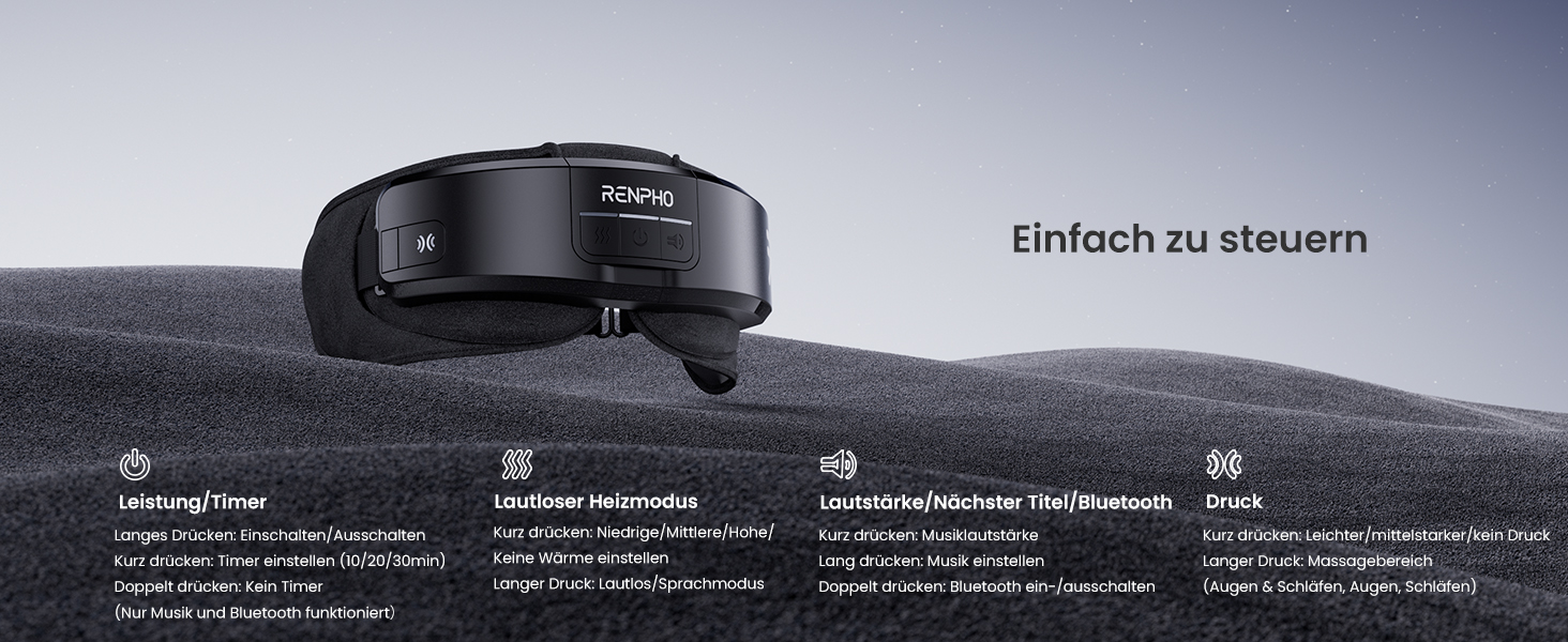 Масажер для очей RENPHO Eyeris 1 з підігрівом, вібрацією та Bluetooth, акумуляторний, для сухих очей, чорний