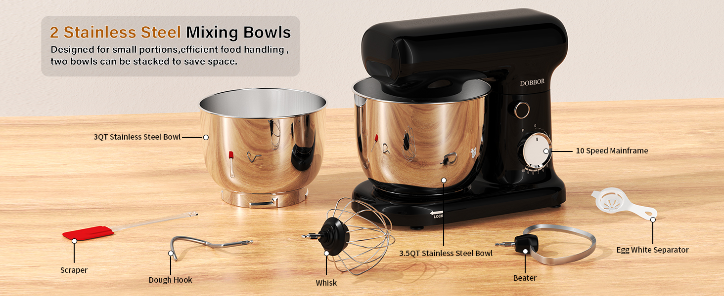 Кухонна машина з місткістю 2.5L та 3L, 10 швидкостей, 1500W, з міксером, шнеком для тіста та скребком, для дому та щоденного приготування (чорний)