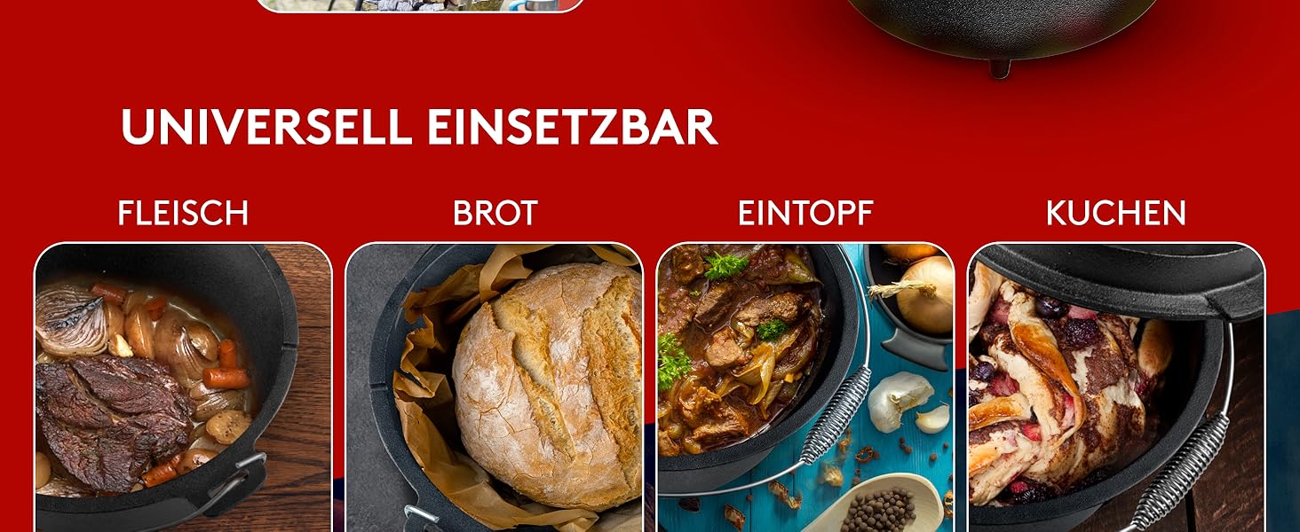 Набір чавунного казана BBQ Dutch Oven [Das Original] на 10,8 л з підставкою та кришкою-гриль на 2,2 л, підйомником та e-book