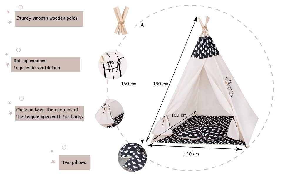 Дитячий намет-типі SPRINGOS, чорний з хмаринками, 160x120x100 см, з килимком та подушкою