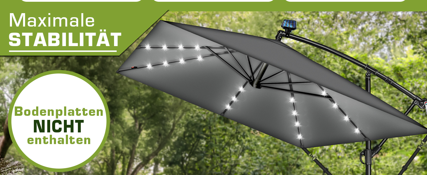 Прямокутна алюмінієва сонячна парасолька tillvex® 330 см з LED-підсвіткою, ручкою та чохлом, антрацит — підвісна садова парасолька з захистом від UV та вітру