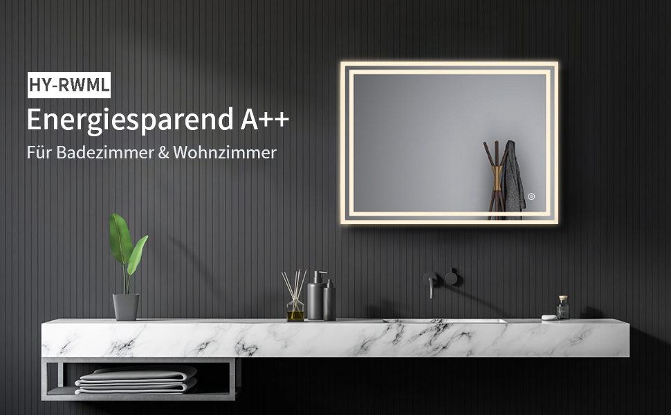 Дзеркало для ванної кімнати Badspiegel 70x50 см з підсвічуванням 3 кольори, сенсорне керування, прямокутне, LED, енергоклас A++