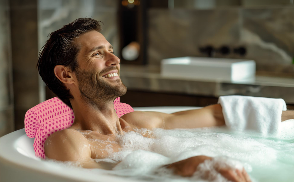 Подушка для ванни з сіткою для прання - Максимальний комфорт та розслаблення з технологією Air Mesh - Подушка для ванни з 7 міцними присосками - Підтримка шиї/голови (Рожева)