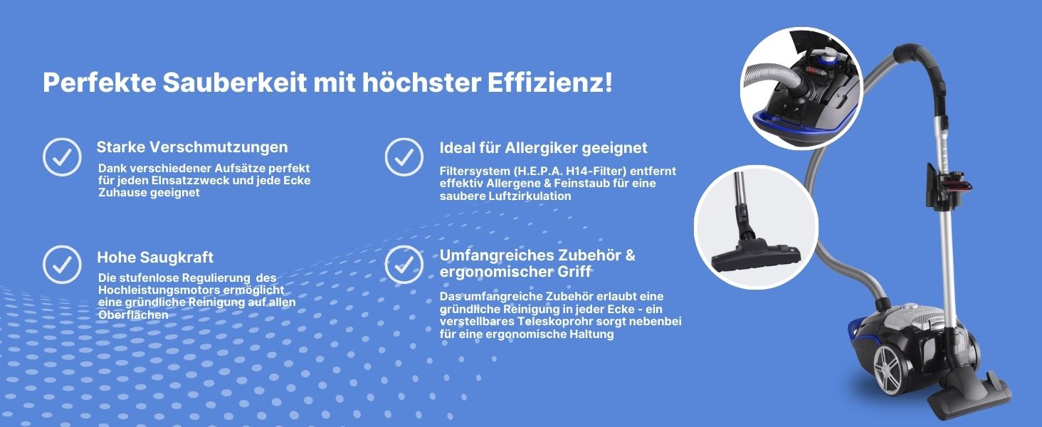 Пилсос Fakir Blue Vac Power TS 721 з мішком, 800 Вт, з кабелем, HEPA фільтр H14, тихий двигун 69dB(A), мішок 3л, радіус дії 12м, чорний/блакитний