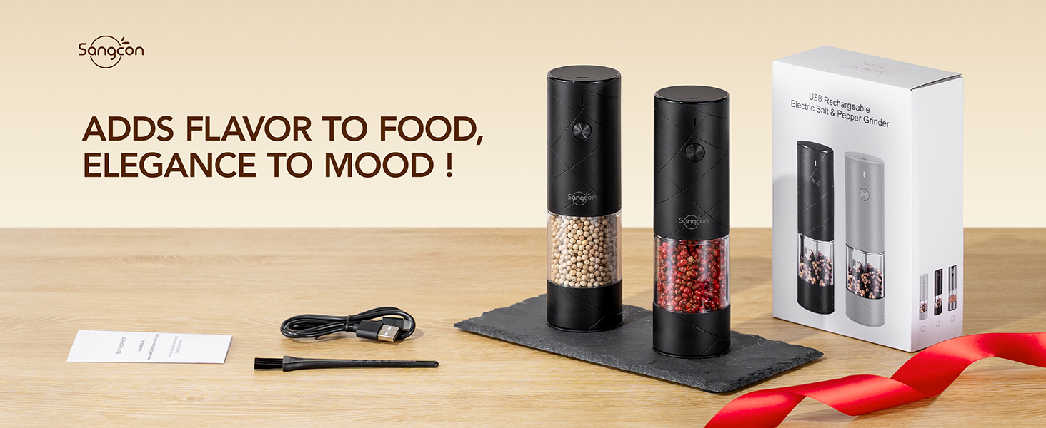 Електричні млини для солі та перцю Sangcon, 2 швидкості, перезаряджувані, 6 ступенів помелу, автоматичний набір з док-станцією, зручне використання (чорний)